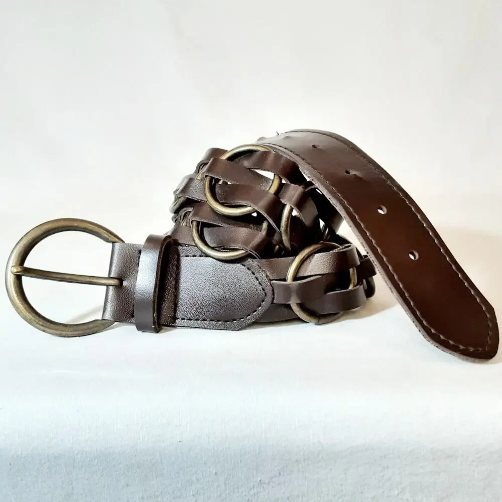 💎Unisex Dark Brown Faux Leather Belt L Antique Brass Rings Multi Strap Design